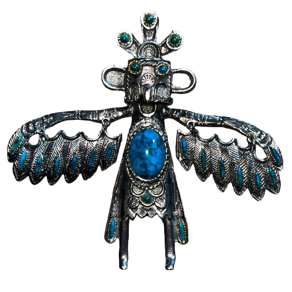 Vintage Herman's Kachina Bird Man Eagle Turquoise Pendant Necklace